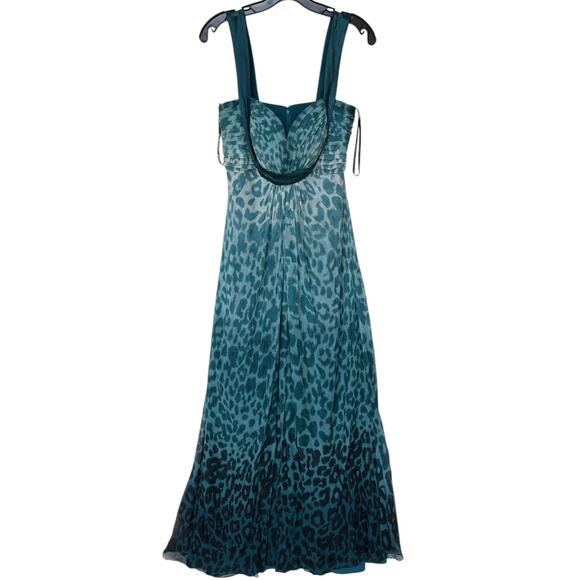 Tadashi Collection Teal Silk Ombre Leopard Maxi Dress with Satin Trim size 10 - Picture 15 of 16